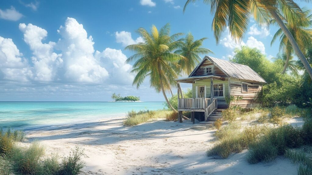 Beachside cabin in Jimmy Hill Bahamas under palm trees