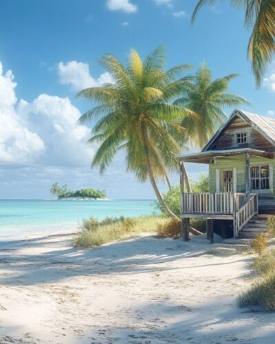 Beachside cabin in Jimmy Hill Bahamas under palm trees