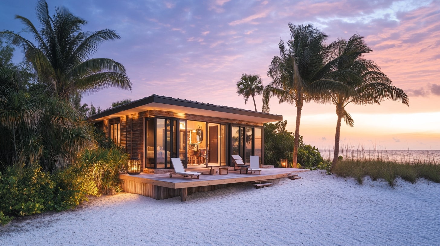 Beachfront Siesta Key Cabin Rentals with palms and sand