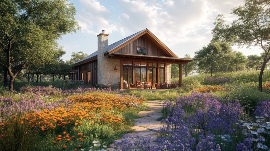 Rustic lakeside Spicewood Texas Cabin with wildflowers